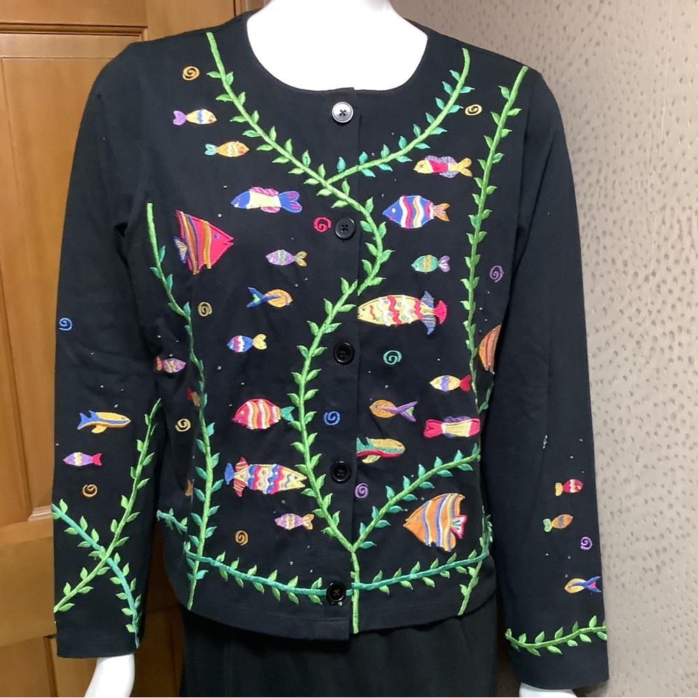 Vintage 90s Michael Simon Lite cardigan with embroidered fish and green vines